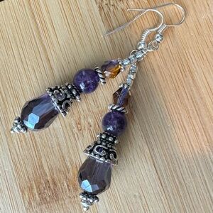 Handcrafted Dangle Earrings Crystal Genuine Amethyst Purple and Silver